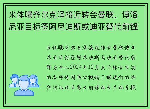 米体曝齐尔克泽接近转会曼联，博洛尼亚目标签阿尼迪斯或迪亚替代前锋