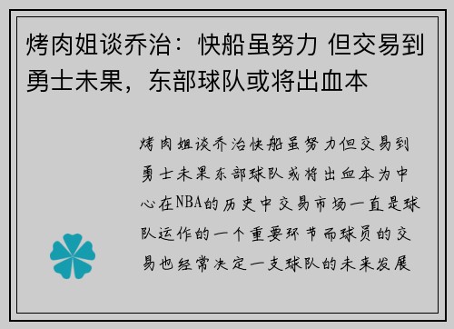 烤肉姐谈乔治：快船虽努力 但交易到勇士未果，东部球队或将出血本