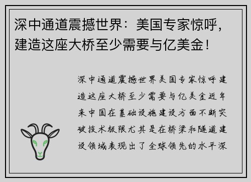 深中通道震撼世界：美国专家惊呼，建造这座大桥至少需要与亿美金！