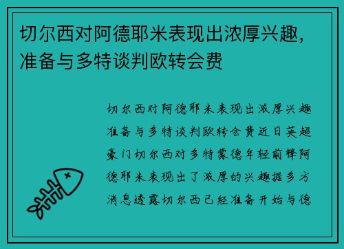 切尔西对阿德耶米表现出浓厚兴趣，准备与多特谈判欧转会费